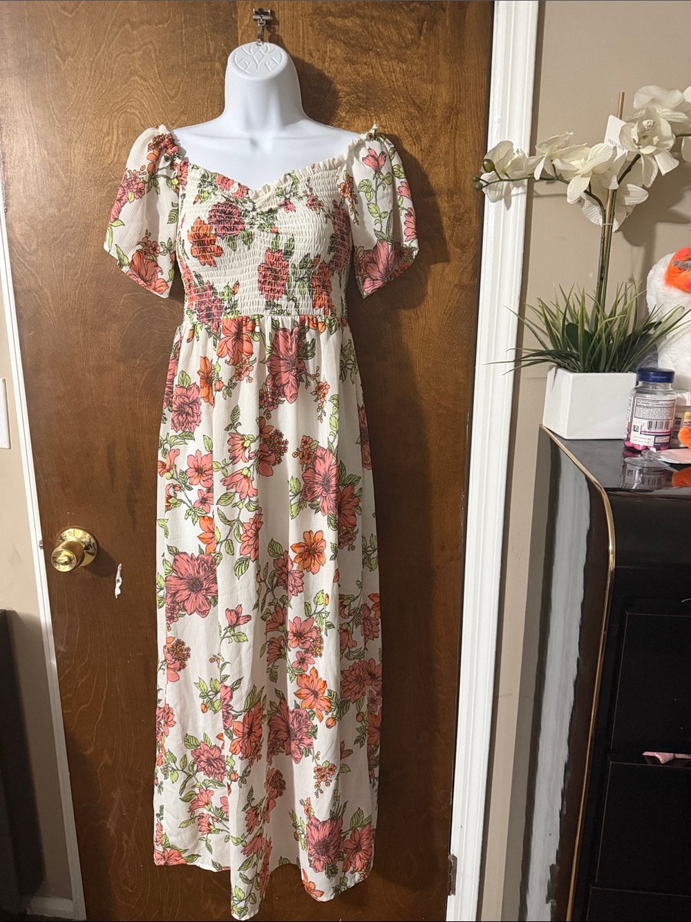 Smocked Off-Shoulder Floral Maxi Dress - White with Pink & Orange Blooms